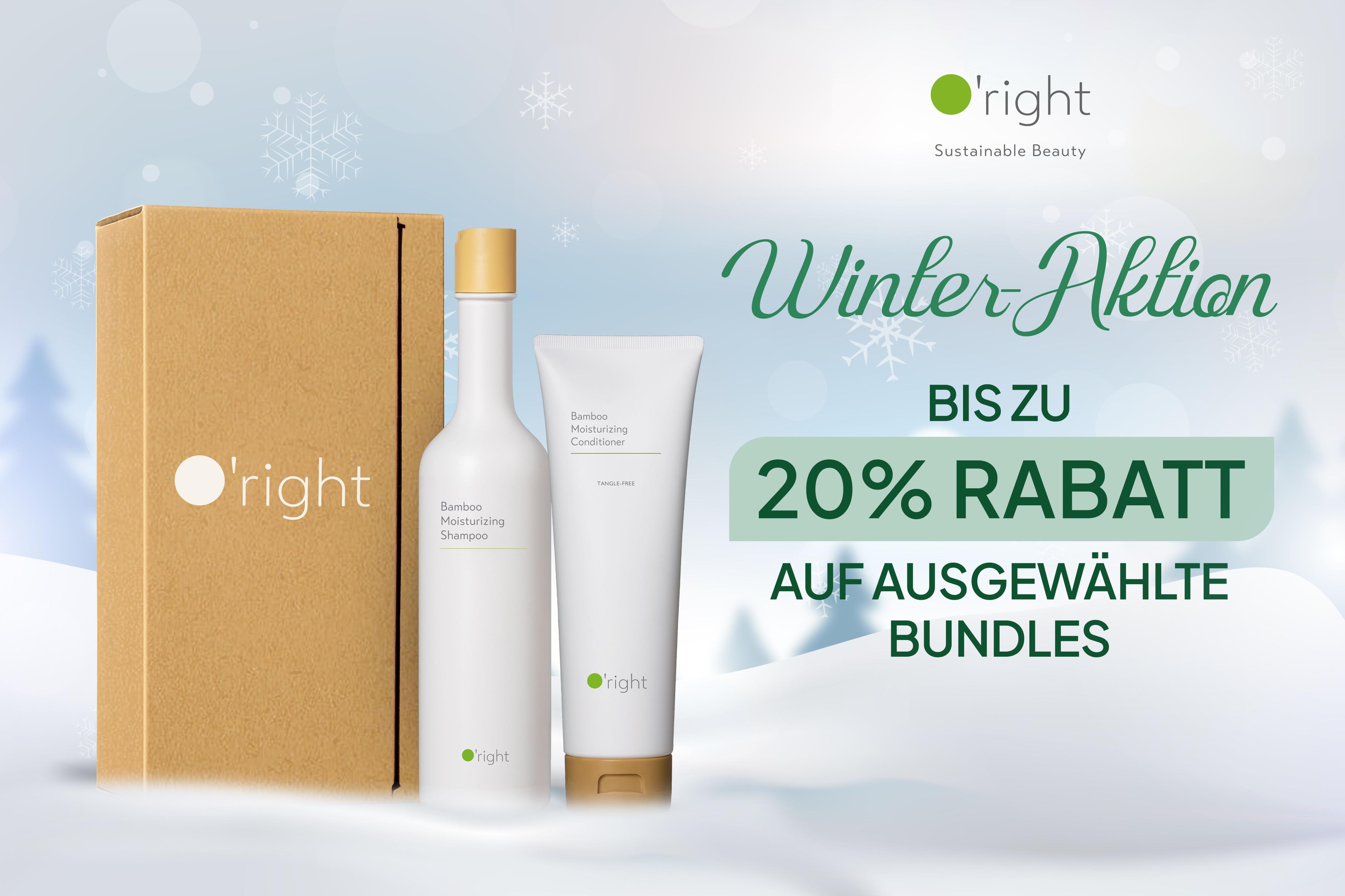O’right Winter-Aktion: Geschenkbox mit Bamboo Moisturizing Shampoo und Conditioner vor winterlichem Hintergrund; Hinweis „Bis zu 20 % Rabatt auf ausgewählte Bundles“ und Button „Jetzt entdecken“.