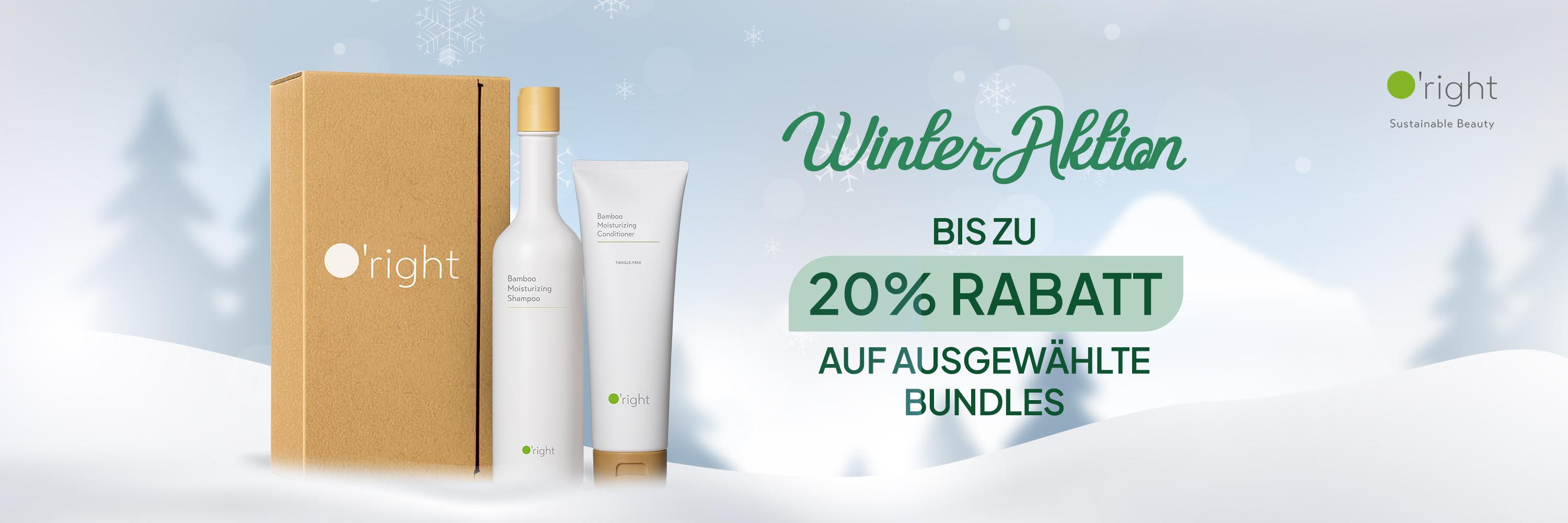 O’right Winter-Aktion: Geschenkbox mit Bamboo Moisturizing Shampoo und Conditioner vor winterlichem Hintergrund; Hinweis „Bis zu 20 % Rabatt auf ausgewählte Bundles“ und Button „Jetzt entdecken“.
